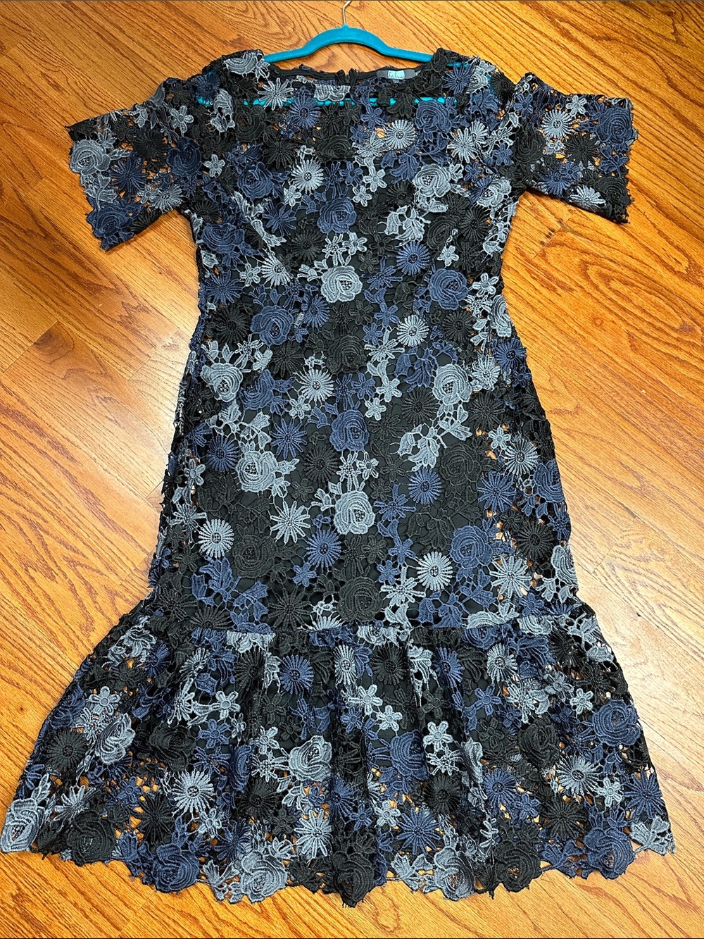 Eva Franco Floral Lace Midi Dress in Black and Blue